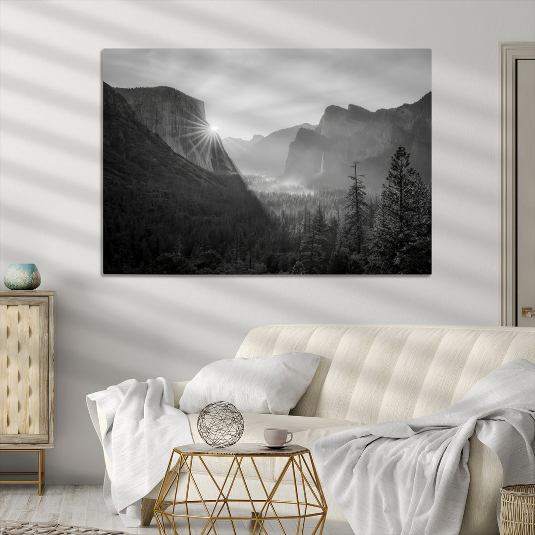 Yosemite Valley Wall Art Canvas Print, Framed El Capitan Sunrise Print, Framed Misty Mountain Art Print, Large Monochrome Valley Printing