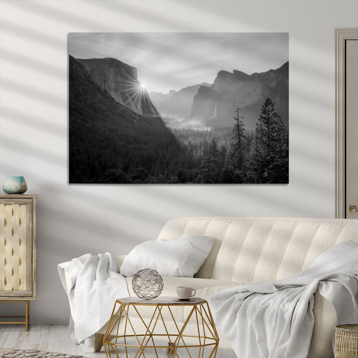 Yosemite Valley Wall Art Canvas Print, Framed El Capitan Sunrise Print, Framed Misty Mountain Art Print, Large Monochrome Valley Printing