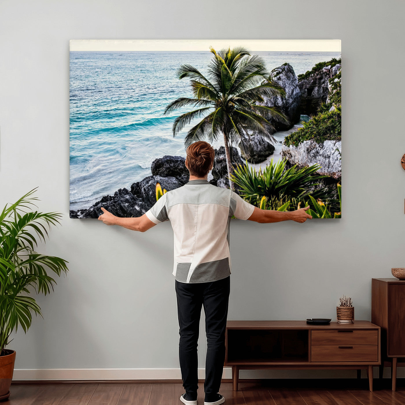 94669907-MGV-CV-36X24 - Tropical Palm Wall Art – Coastal Rocks Canvas Print, Ocean Breeze, Sandy Shore, Vibrant Green Foliage for Living Room or Beach House Decor