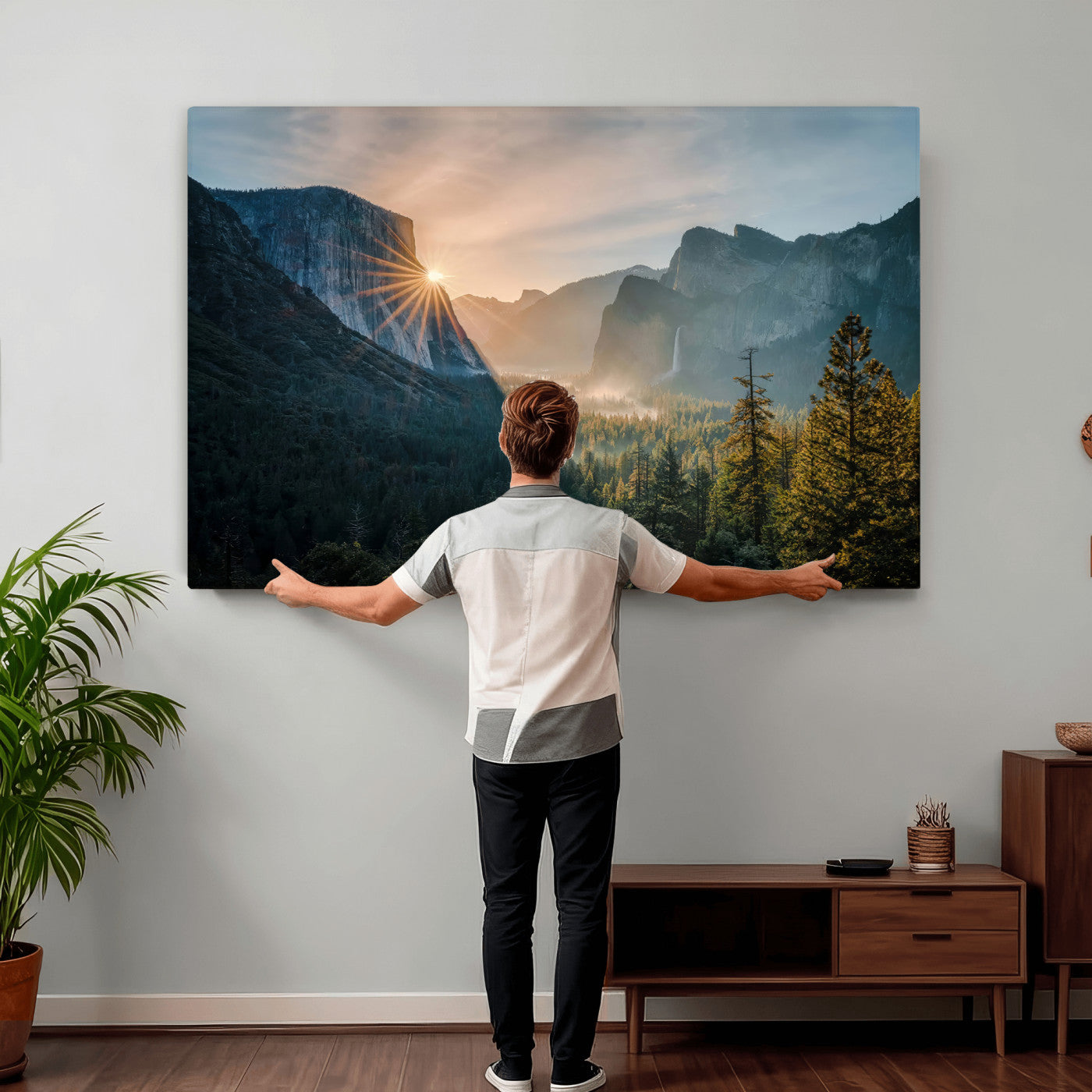 51605481-MGV-CV-36X24 - Yosemite Valley Wall Art – Misty Forest Peaks Canvas Print, Radiant Light, Tranquil Nature Landscape for Living Room or Cabin Decor
