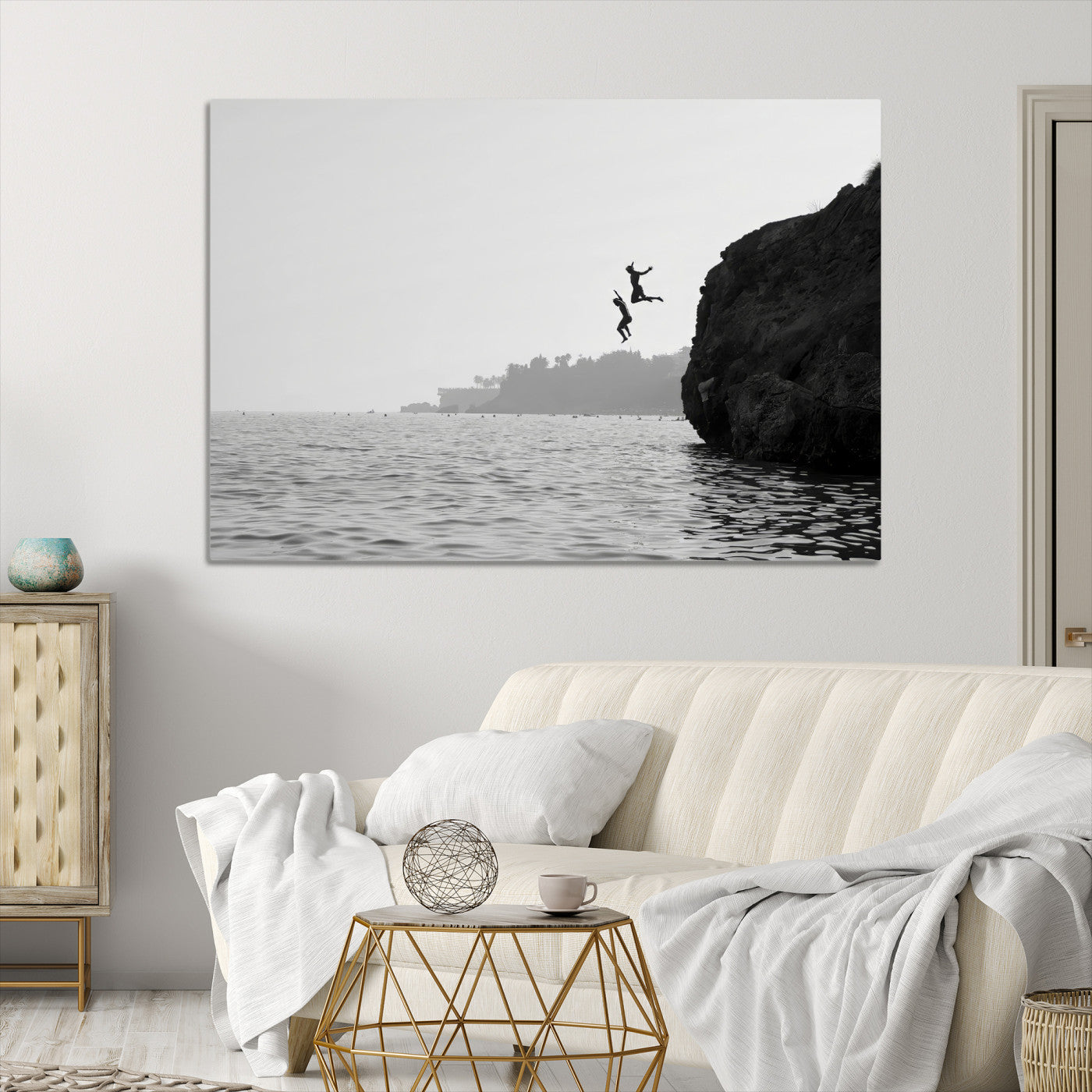 52284302-MGV-CV-36X24-Jumping Wall Art Canvas Print, Framed Ocean Art Picture Print, Coastal Perfect Coastal Decor, Framed Cliff Diving Wall Art