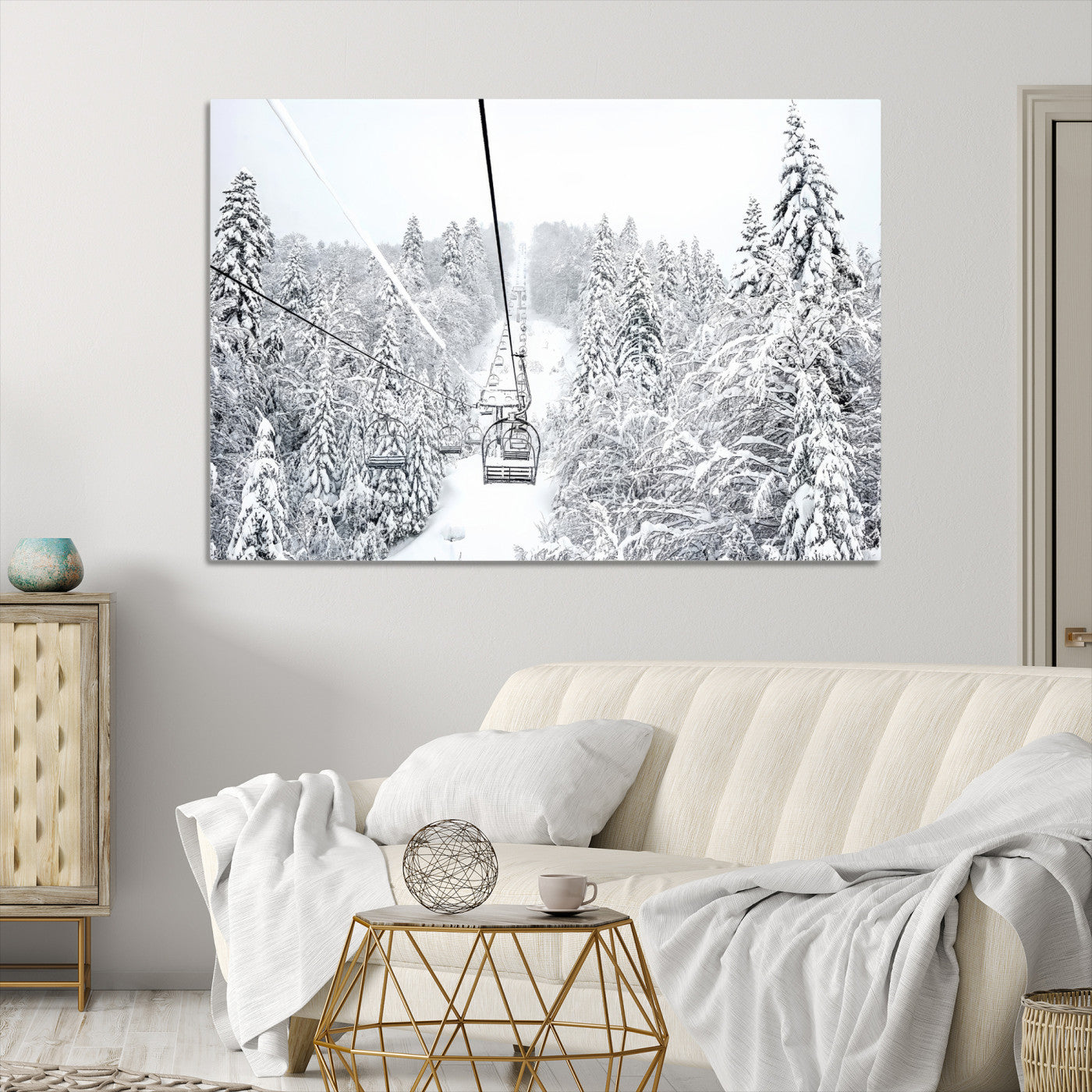 Winter Forest Wall Art Canvas Print, Framed Snowy Forest Art Picture Print, Winter Ski Lift Perfect Scandinavian Minimalist 3/3 Decor