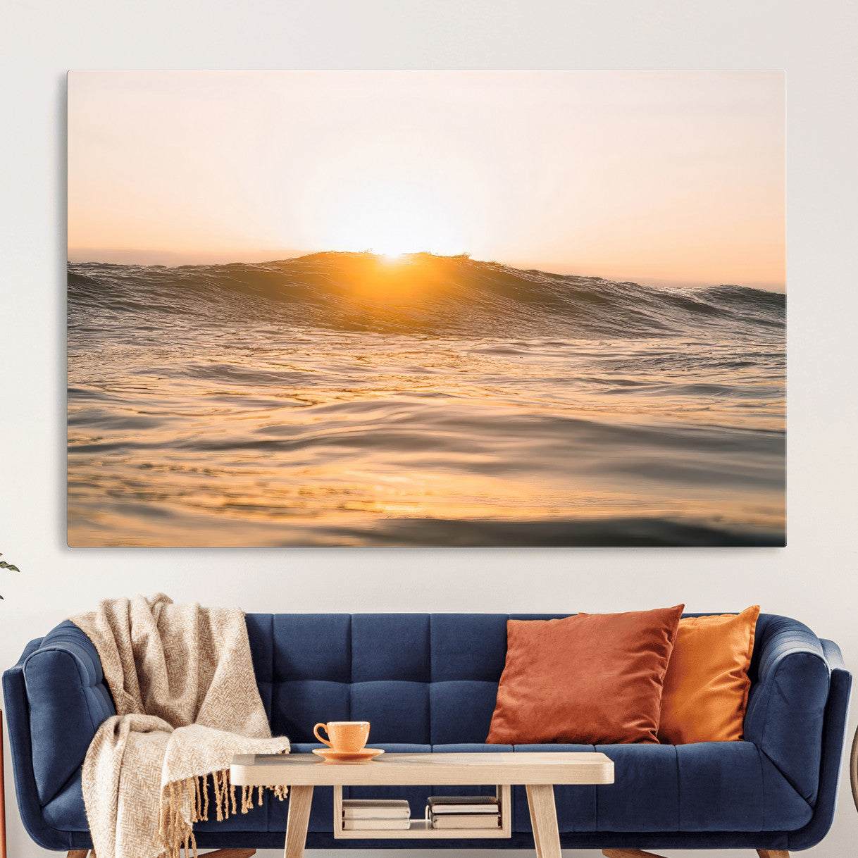 16973771-MGV-CV-36X24-Calm Water Wall Art – Framed Sunset Waves Canvas Artwork, Coastal Warm Design, Minimal Ocean Decor for Home, Office