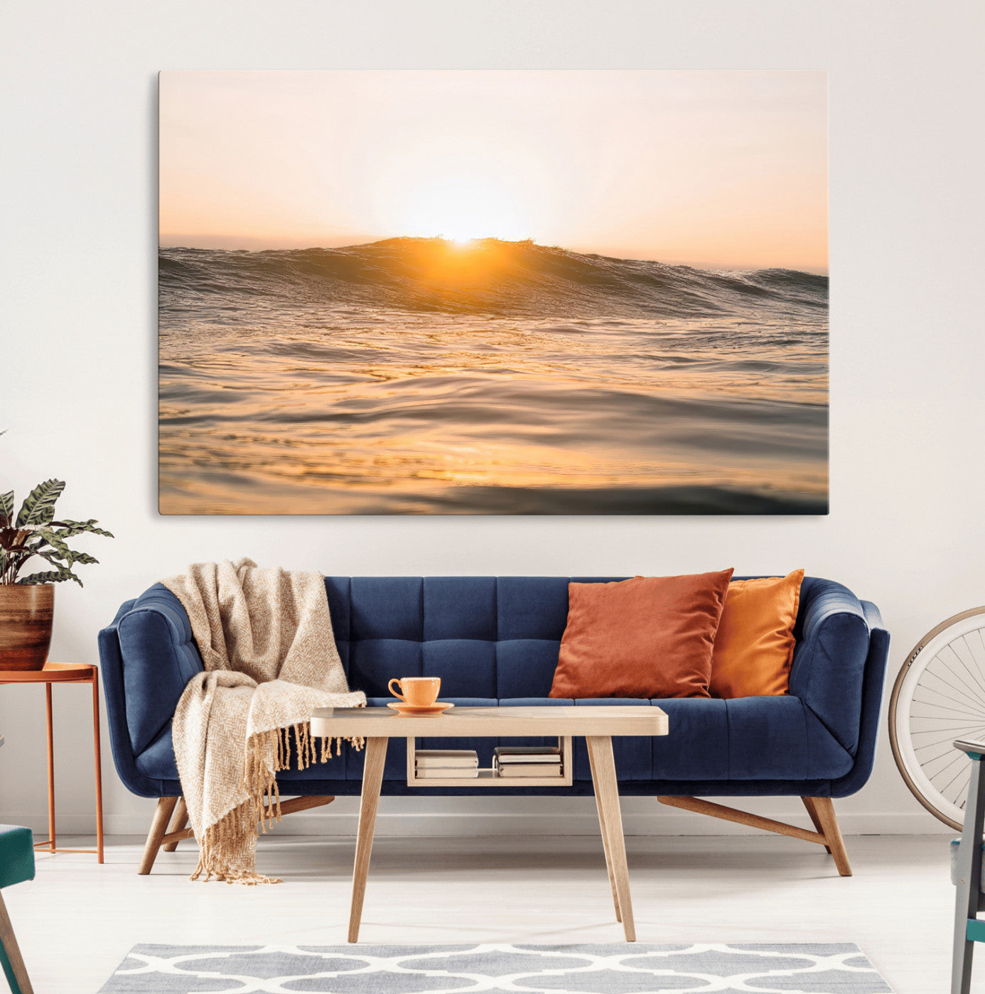 MGV-CV-36X24 - Calm Water Wall Art Canvas Print, Framed Sunset Waves Art Picture Print, Coastal Warmth Perfect Warm Minimalist Decor Artwork