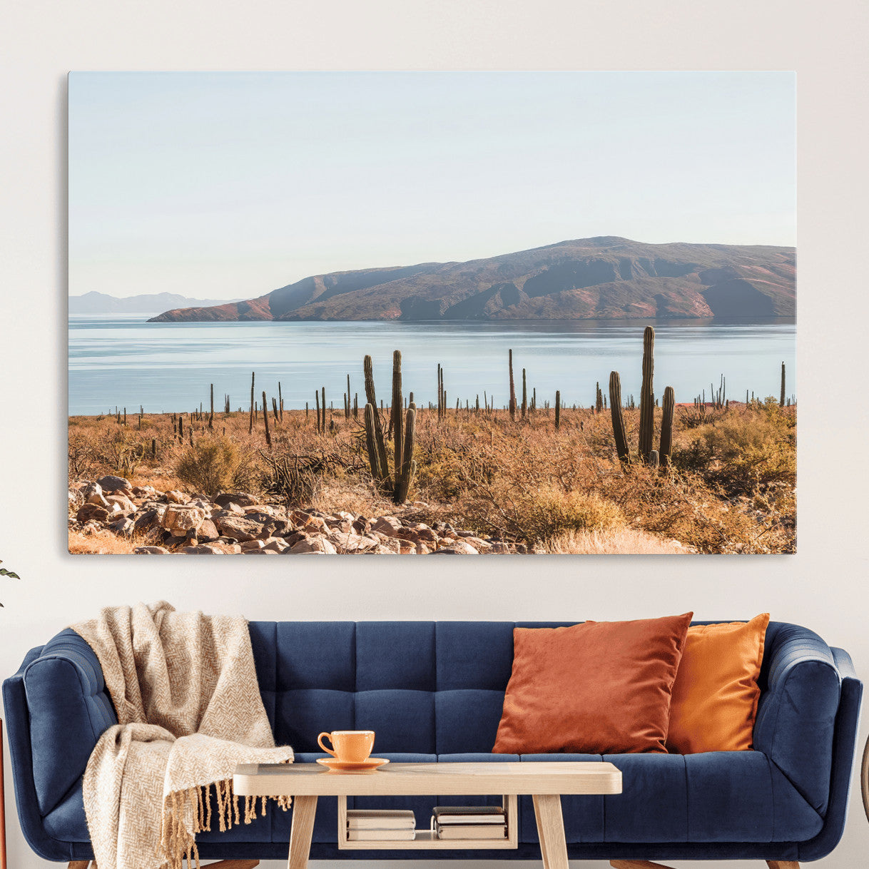 MGV-CV-36X24 - Desert Cactus Wall Art Canvas Print, Framed Baja Coastline Art Picture Print, Coastal Desert Perfect Southwestern Minimalist Decor Artwork