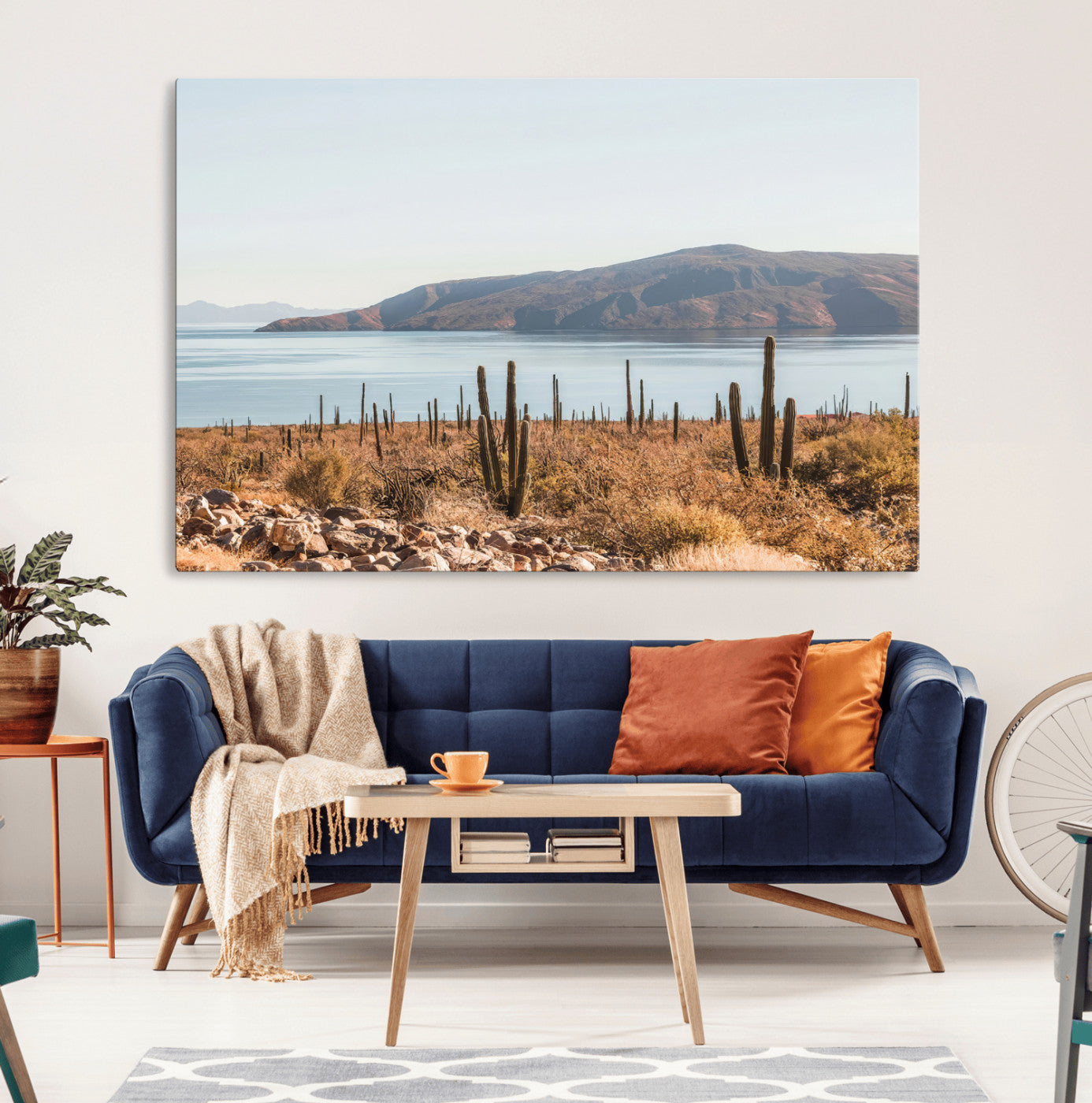 MGV-CV-36X24 - Desert Cactus Wall Art Canvas Print, Framed Baja Coastline Art Picture Print, Coastal Desert Perfect Southwestern Minimalist Decor Artwork