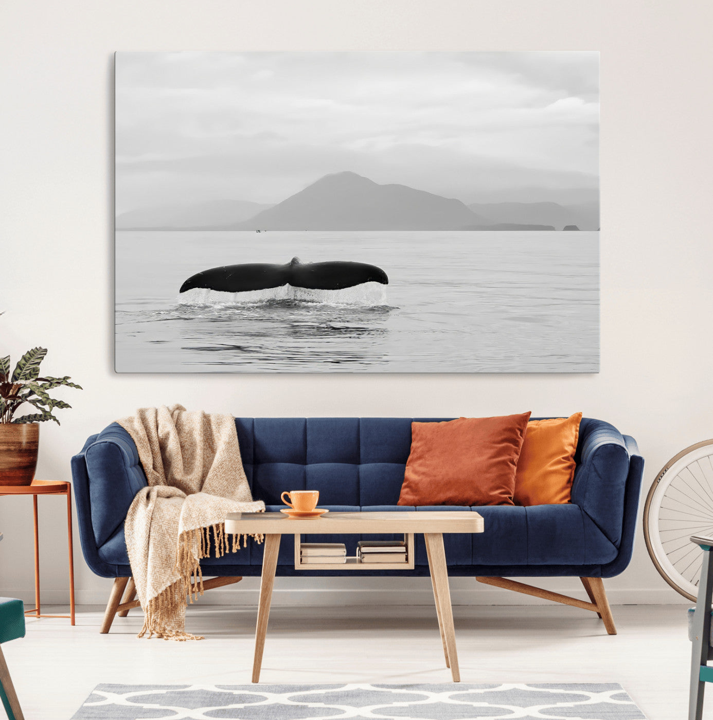 MGV-CV-36X24 - Whale Tail Wall Art Canvas Print, Framed Black White Ocean Art Picture Print, Calm Marine Perfect Minimalist Coastal Decor Artwork