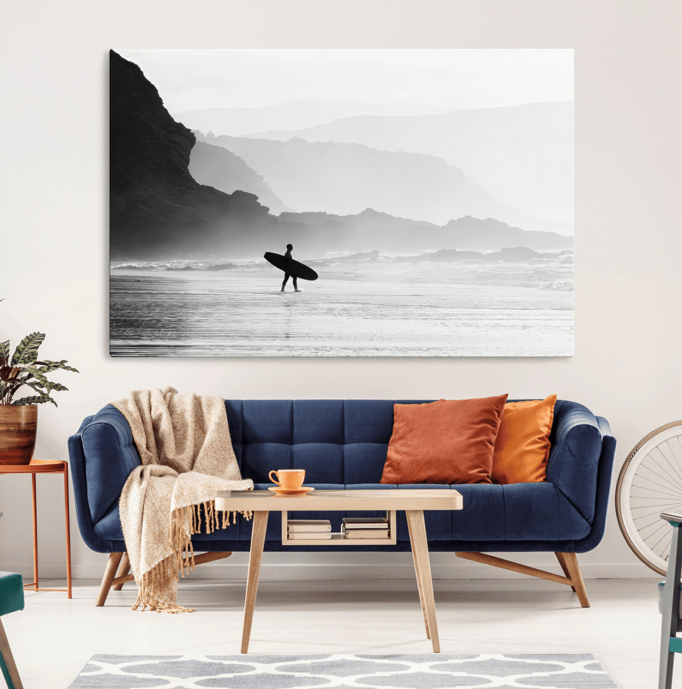 MGV-CV-36X24 - Surfer In Fog Wall Art Canvas Print, Framed Moody Shoreline Art Picture Print, Cliffside Waves Perfect Minimalist Coastal Decor Artwork