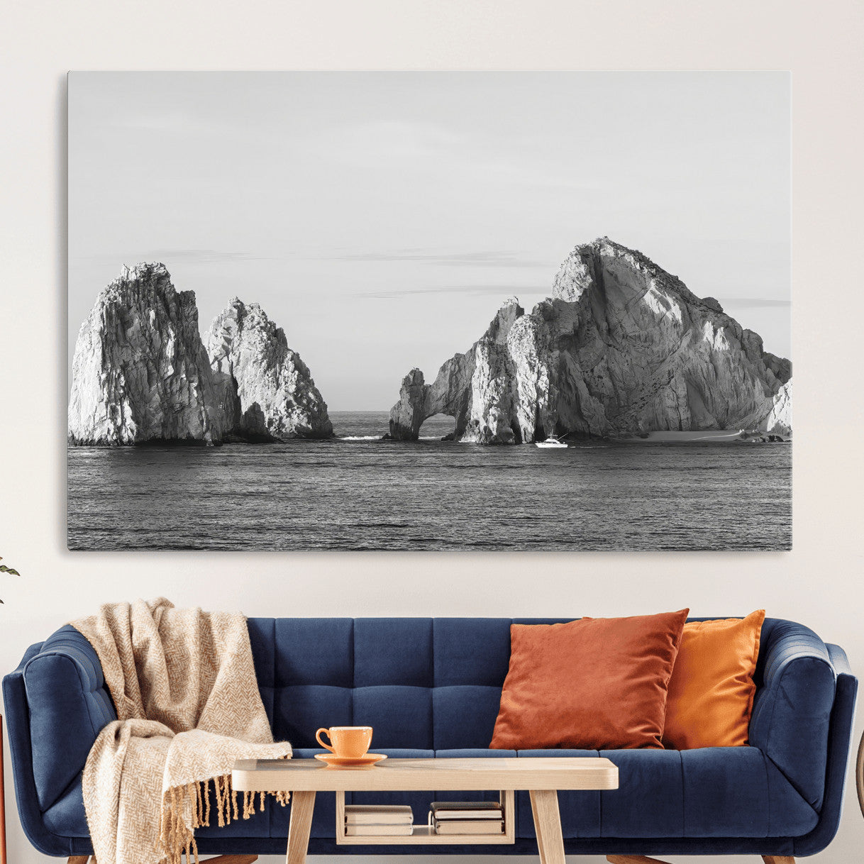 MGV-CV-36X24 - Rugged Coastline Wall Art Canvas Print, Framed Ocean Cliffs Art Picture Print, Monochrome Seascape Perfect Coastal Minimalist Decor Artwork