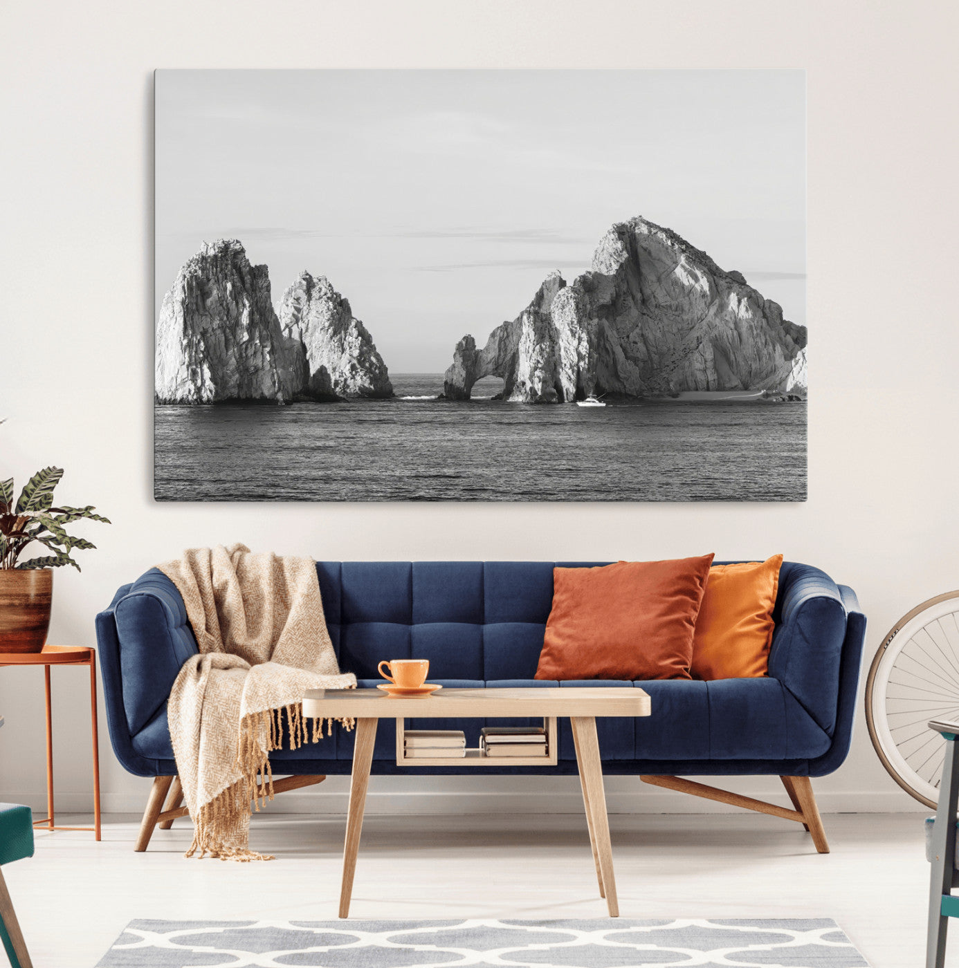 MGV-CV-36X24 - Rugged Coastline Wall Art Canvas Print, Framed Ocean Cliffs Art Picture Print, Monochrome Seascape Perfect Coastal Minimalist Decor Artwork