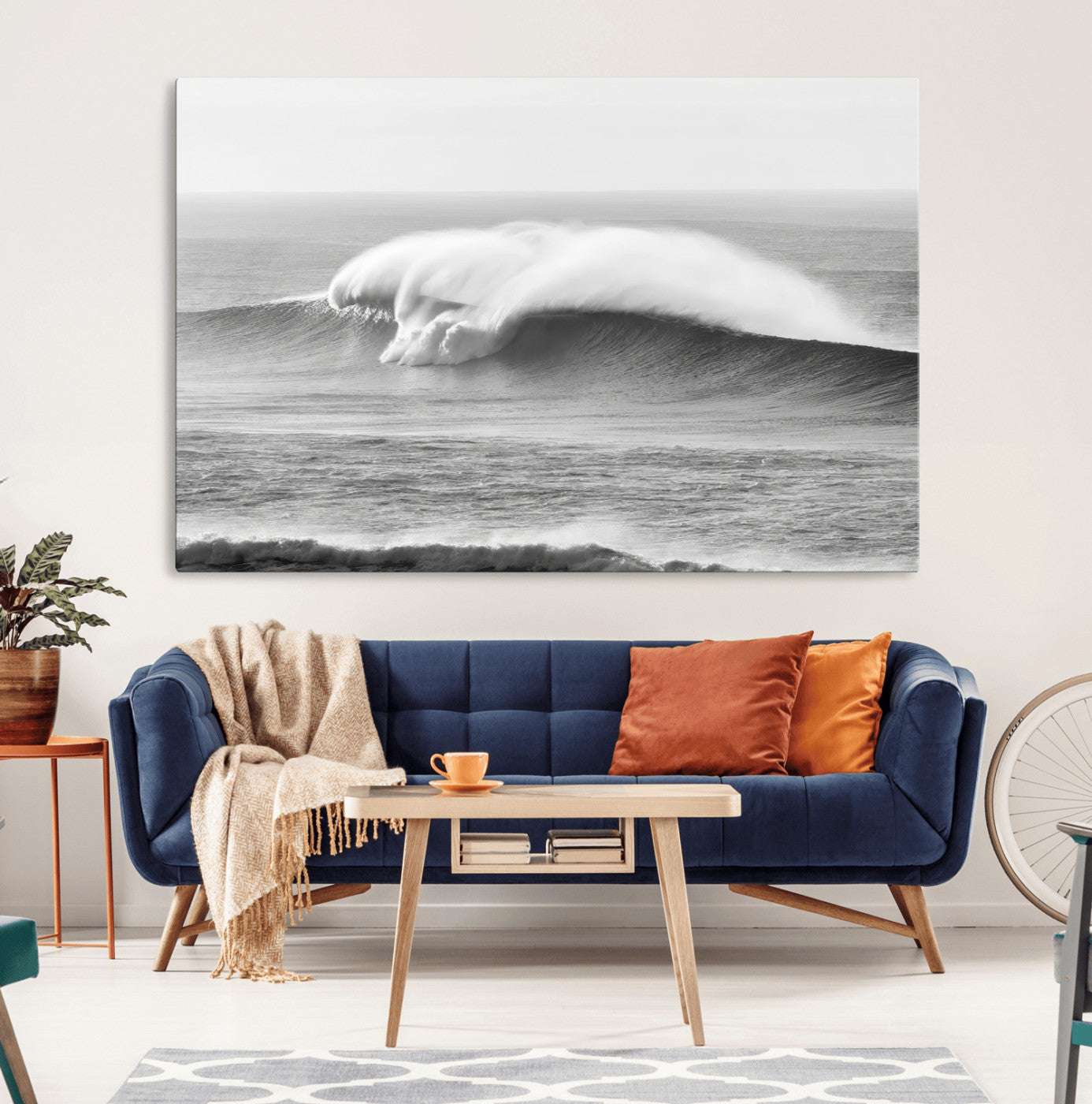 42544082-MGV-CV-36X24-Monochrome Seascape Wall Art Canvas Print – Framed Surf Wave Scene with Minimalist Ocean Artwork for Home, Office