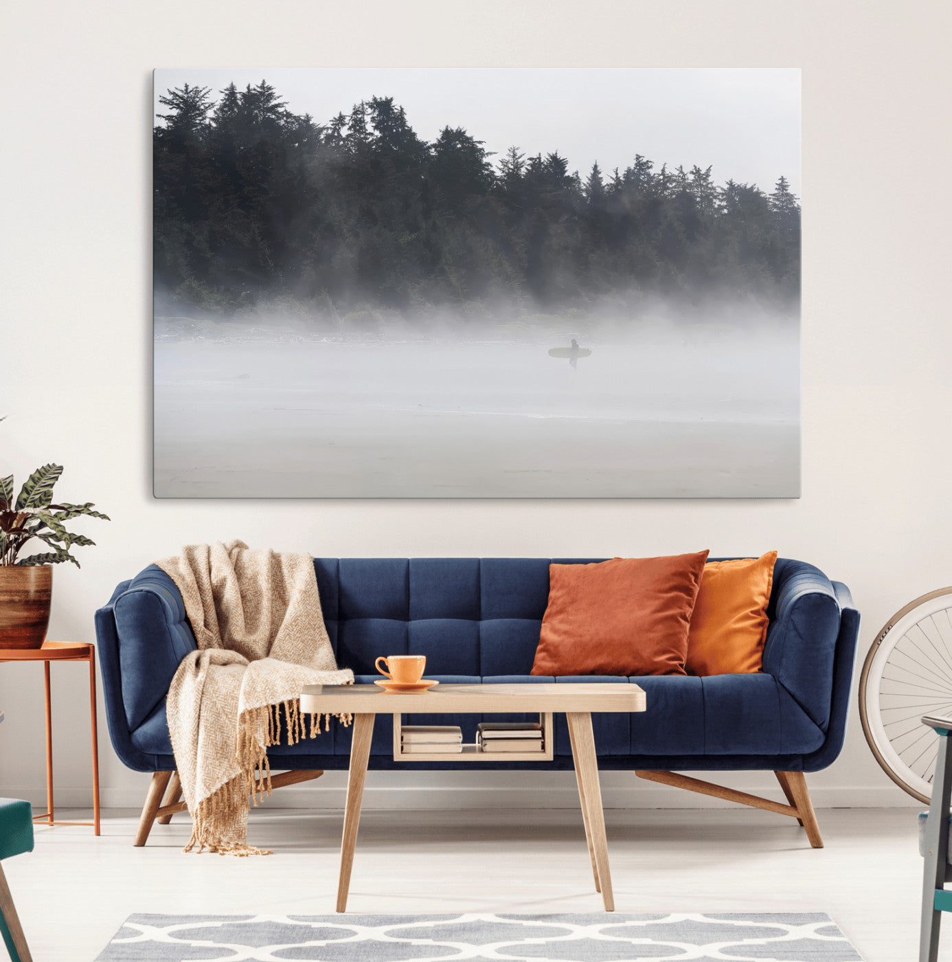 MGV-CV-36X24 - Surfer in Fog Wall Art Canvas Print, Framed Foggy Beach Art Picture Print, Coastal Surf Perfect Moody Coastal Decor Artwork