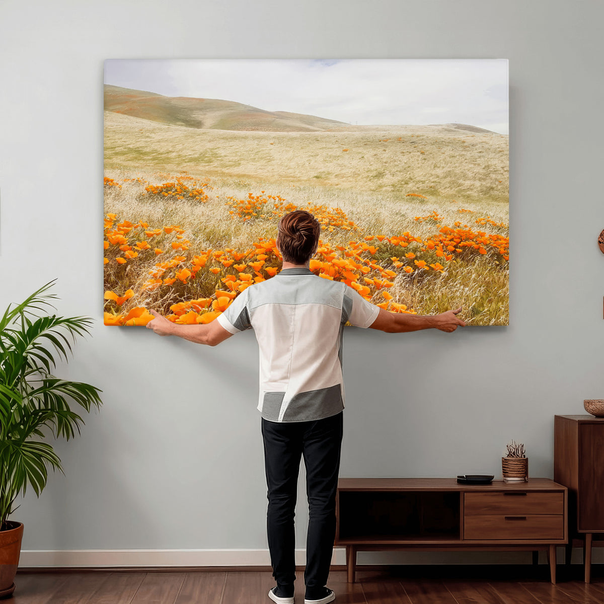 28972262-_Poster-30x20 - Golden Wildflowers Wall Art Canvas Print, Framed Hills and Poppy Meadow Scene