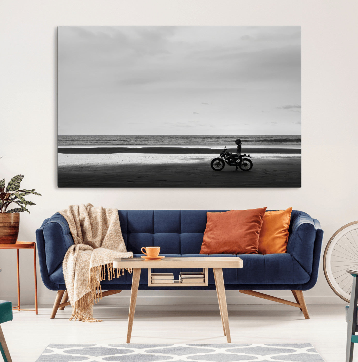 MGV-CV-36X24 - Motorcycle Beach Wall Art Canvas Print, Framed Vintage Motorcycle Art Picture Print, Biker Silhouette Perfect Minimalist Adventure Decor Artwork