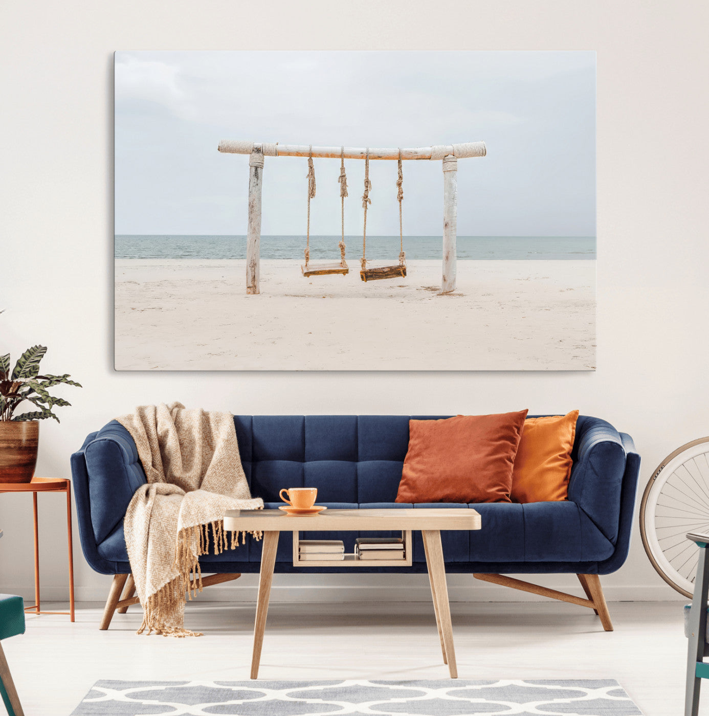 68327283-MGV-CV-36X24-Beach Swing Wall Art Canvas Print – Framed Quiet Beach Art Picture Calm Shoreline Artwork for Home, Office