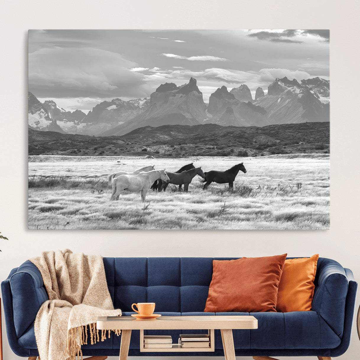 MGV-CV-36X24 - Wild Horses Wall Art Canvas Print, Framed Black White Mountains Art Picture Print, Rustic Countryside Perfect Rustic Western Decor Artwork