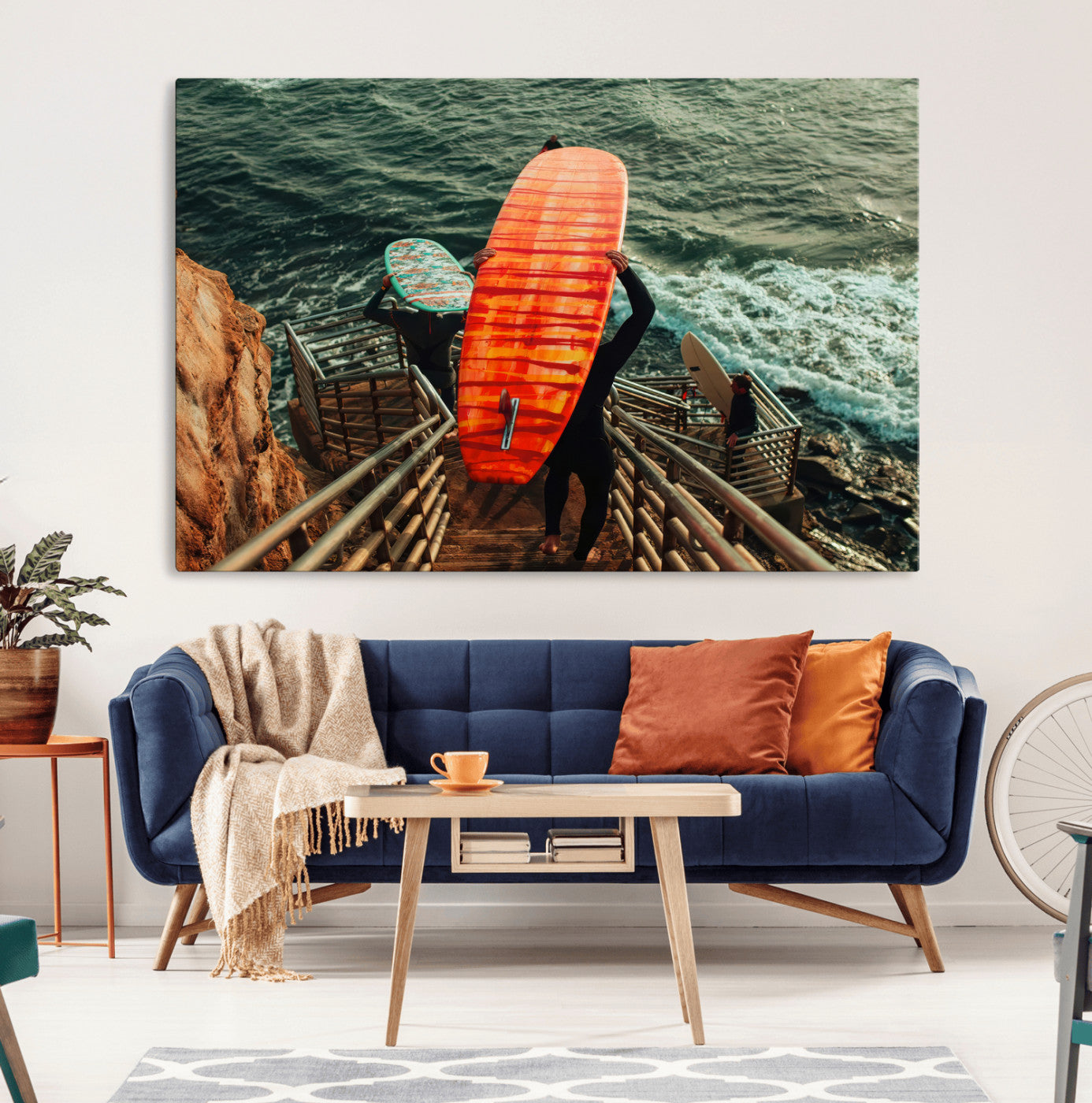MGV-CV-36X24 - Surfer Stairway Wall Art Canvas Print, Framed Ocean Surf Art Picture Print, Sunset Coastal Perfect Coastal Adventure Decor Artwork