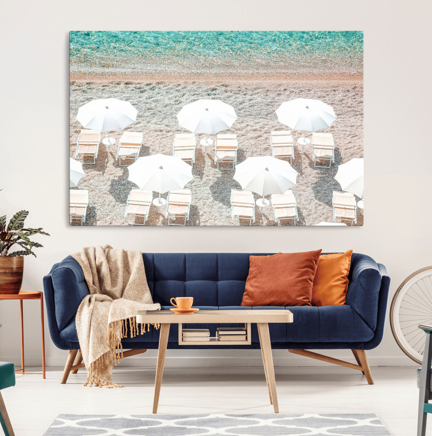 MGV-CV-36X24 - Calm Beach Wall Art Canvas Print, Framed Turquoise Water Art Picture Print, Umbrella Shoreline Perfect Coastal Minimalist Decor Artwork
