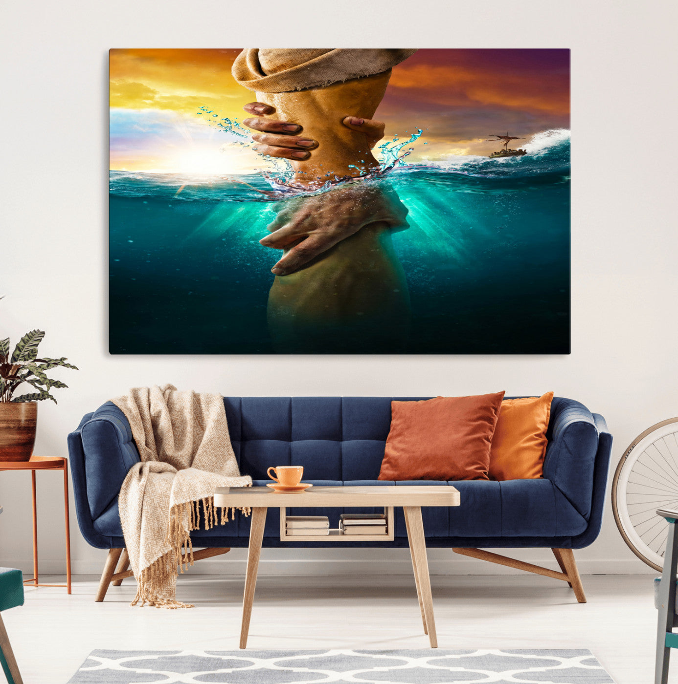 A dramatic scene of a hand reaching underwater and being lifted, symbolizing rescue and faith, ideal for spiritual or Christian wall decor.