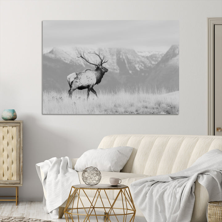 Rustic Elk Wall Art Canvas Print, Wildlife Antler Print, Framed Western Hunting Lodge Art Print, Large Mountain Nature Scene Printing Perfect for Japanese Decor