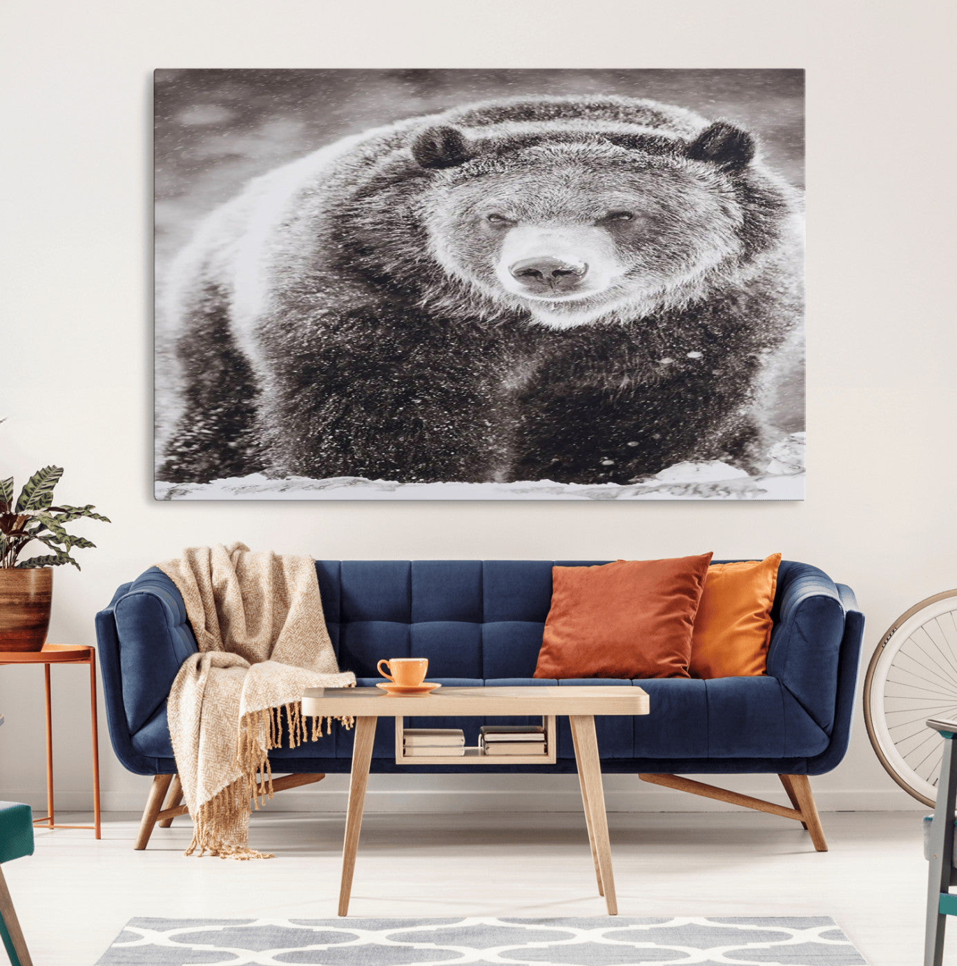 Snow-covered grizzly bear in black and white, ideal for rustic lodge, cabin or wildlife-themed home wall decor.