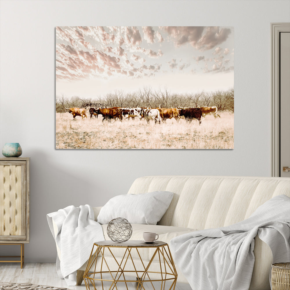 Longhorn Cattle Wall Art Canvas Print, Texas Ranch Print, Framed Western Cow Art Print, Large Prairie Landscape Printing Perfect for Western Decor