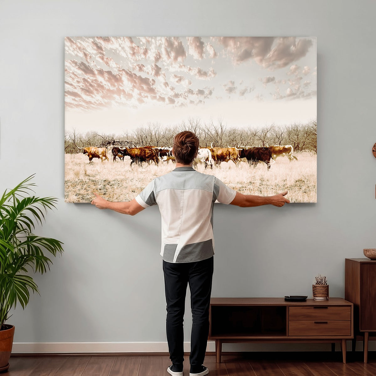 64892775-MGV-CV-24X16 - Longhorn Cattle Wall Art Canvas Print, Framed Texas Ranch Art, Western Cow Print, Prairie Landscape Decor