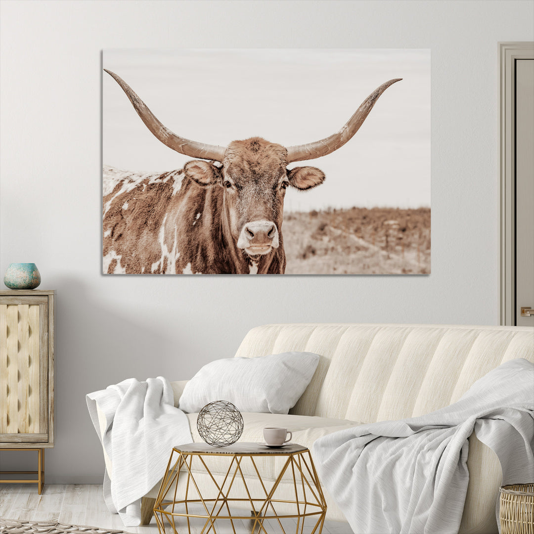 Longhorn Cow Wall Art Canvas Print, Framed Texas Ranch Art Picture Print, Western Bull Perfect County Decor Artwork