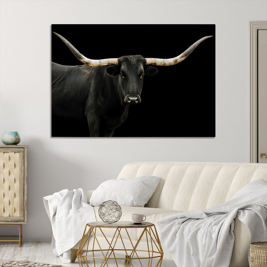 Black White Longhorn Bull Wall Art Canvas Print, Texas Ranch Print, Framed Western Cow Art Print for Farmhouse Decor - Longhorn Print