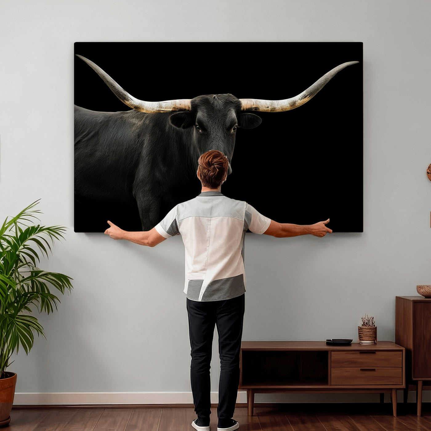 99448328-MGV-CV-36X24 - Longhorn Cattle Wall Art Canvas Print, Framed Texas Black Bull Art Picture Print, Western Cow Perfect Farmhouse Decor Artwork