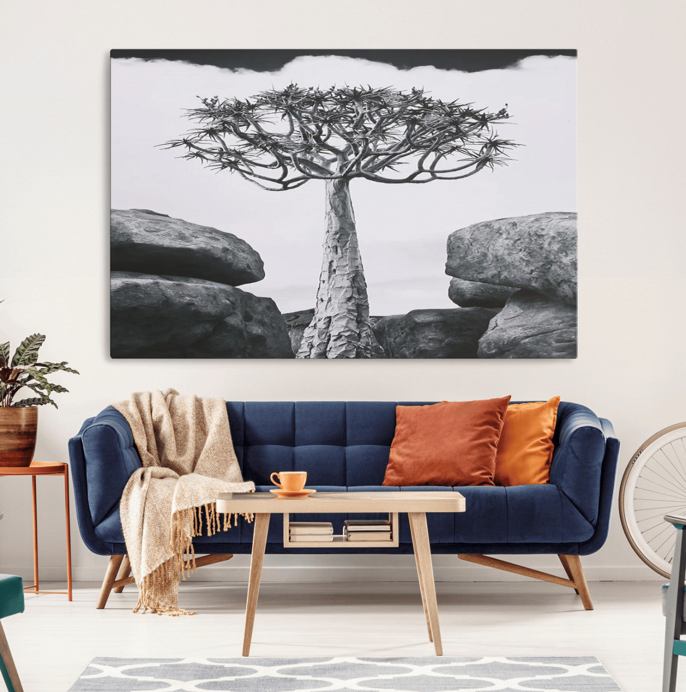 Black and white Joshua tree with bold rocky background, ideal for minimalist or desert-inspired home wall decoration.