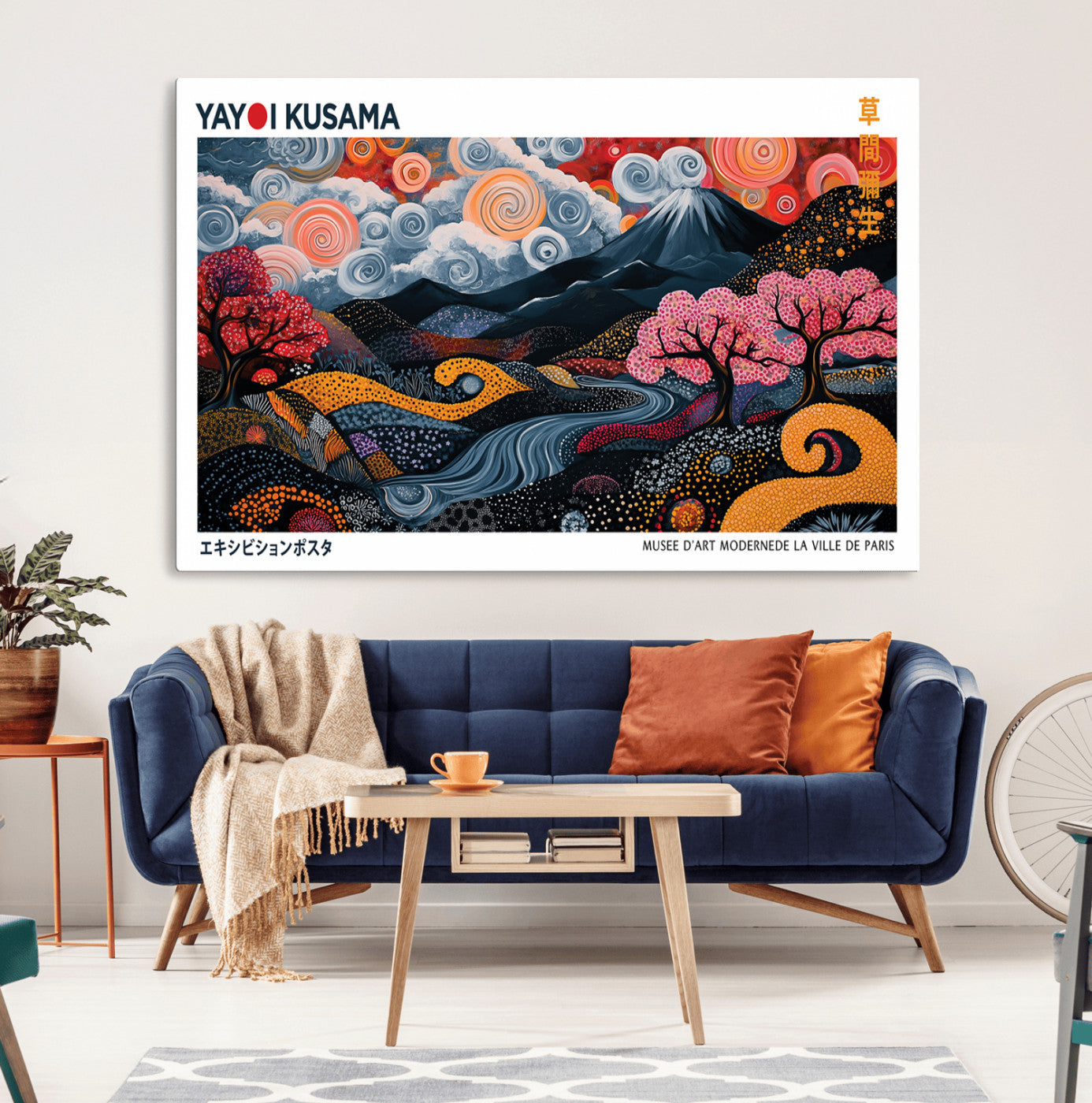 43879290-MGV-CV-36X24-Modern Japanese Wall Art Canvas Print – Framed Abstract Mount Fuji Scene with Yayoi Kusama Artwork for Home, Office