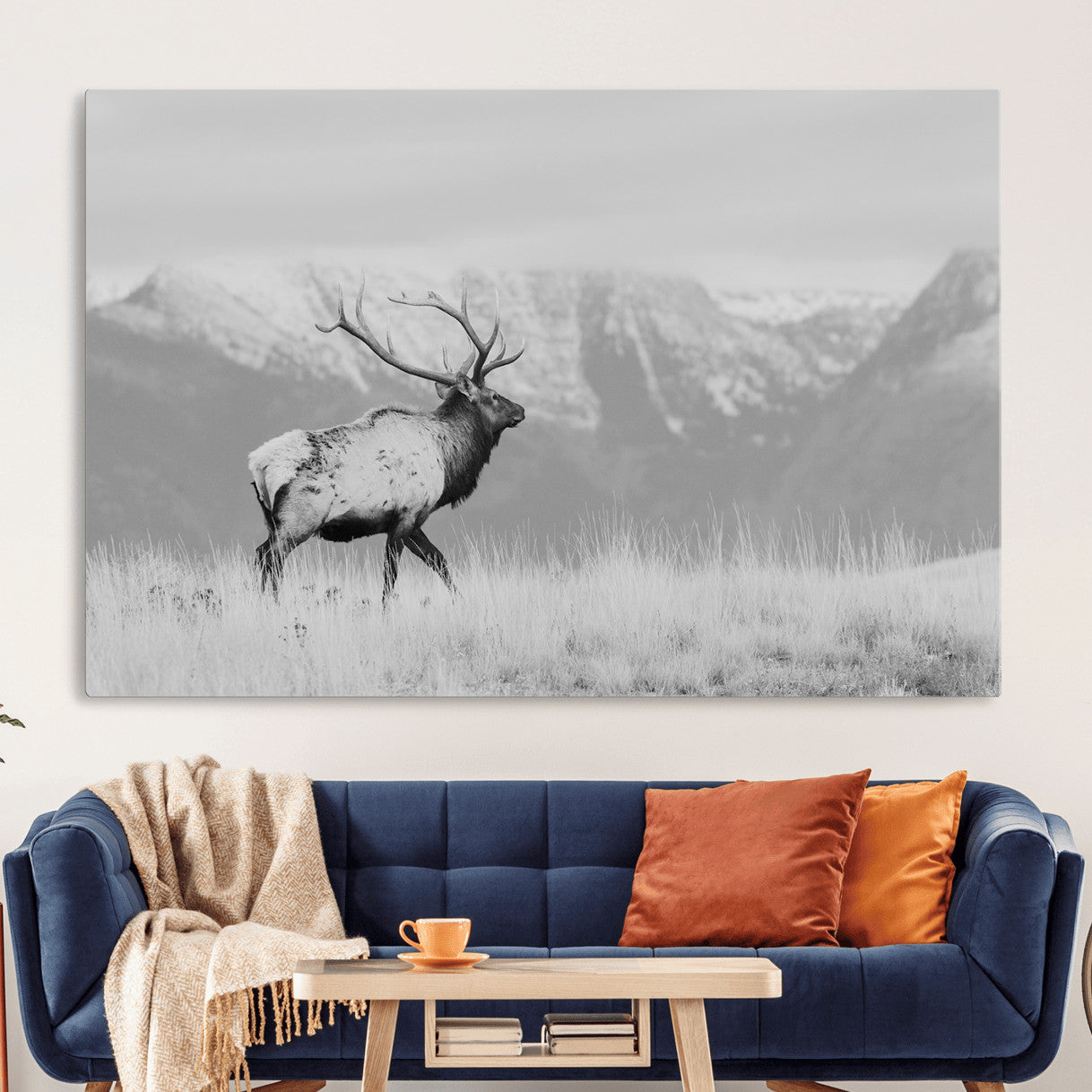 36150391-MGV-CV-36X24 - Wall Art Canvas Print – Majestic Elk Black & White Wilderness, Scenic Mountain and Grassland Landscape, Wildlife Nature Decor for Home or Office