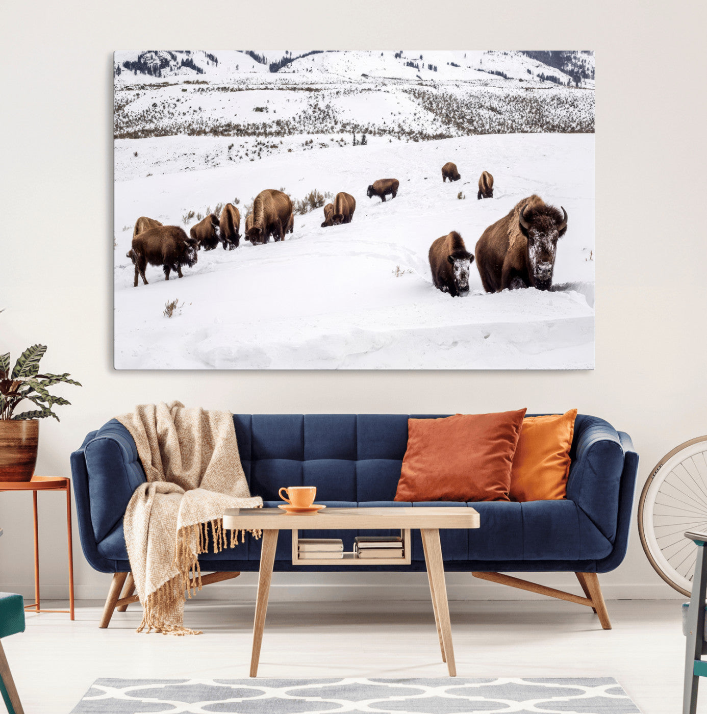 A herd of bison walking through deep snow in a mountain valley, perfect for rustic, cabin or western-themed wall decor.