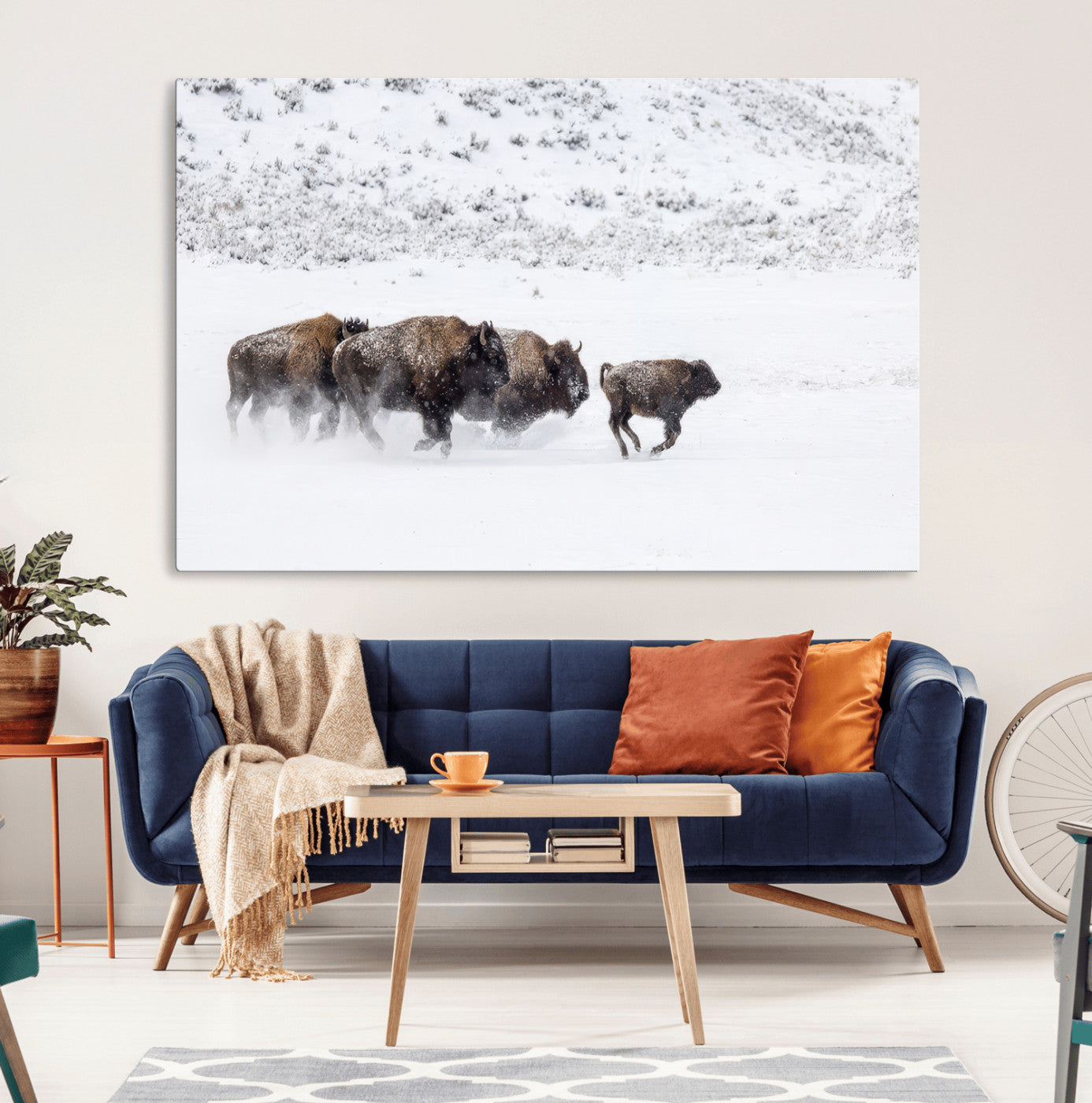 56216945-MGV-CV-36X24-Bison Herd Decor Wall Art Canvas Print – Framed Snowy Bison Scene Winter Wildlife Artwork for Home, Office