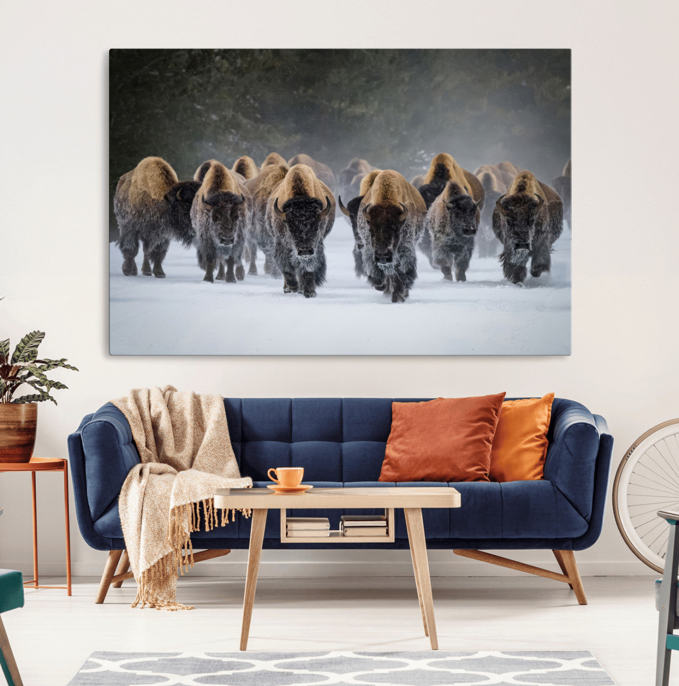 A herd of American bisons walking through deep snow in a forest, evoking a powerful rustic wilderness mood for western-style interiors.