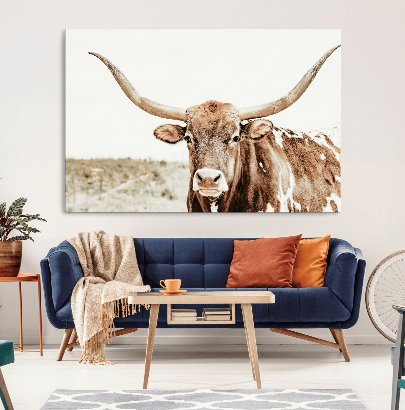A Texas longhorn bull with wide horns, standing in a dry field under soft light, ideal for rustic farmhouse or western-themed interiors.