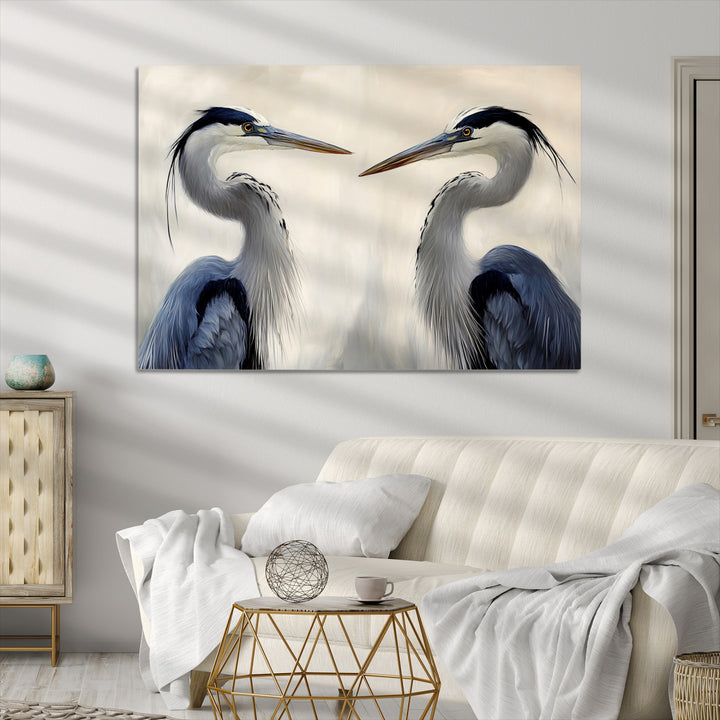 Blue Heron Pair Art Canvas Print, Coastal Bird Theme Print, Framed Tranquil Wildlife Scene Art Print, Large Nature Inspired Decor
