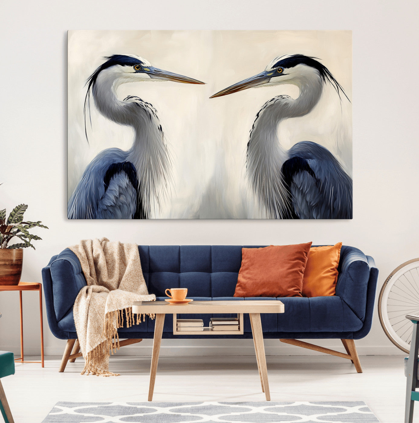 MGV-CV-36X24 - Blue Heron Pair Wall Art Canvas Print, Framed Coastal Bird Theme Art Picture Print, Tranquil Wildlife Scene Perfect Coastal Minimalist Decor Artwork