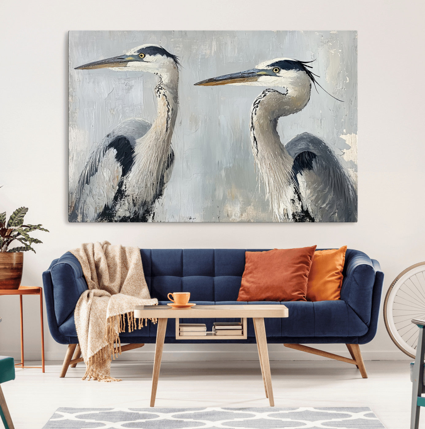 Two elegant herons in profile with soft brush strokes and blue-grey tones, ideal for serene, coastal, or minimalist interior decor.