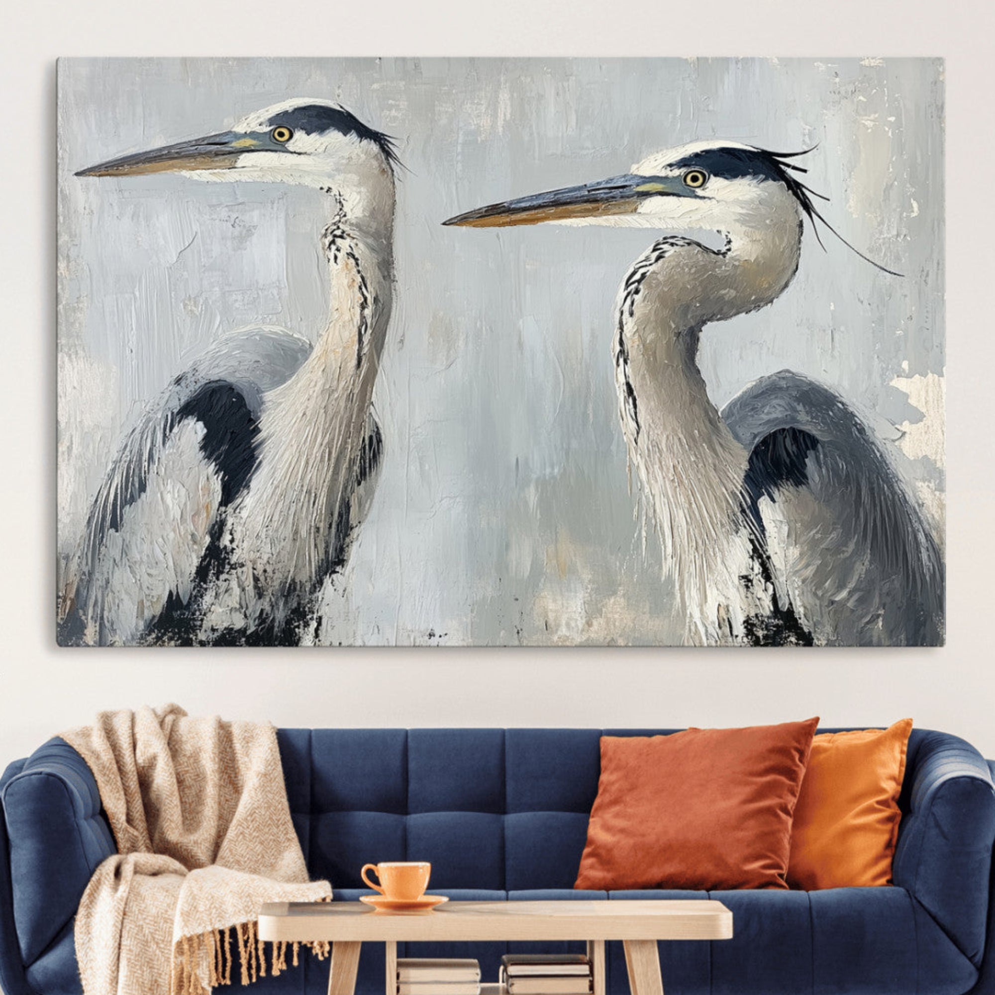 Two elegant herons in profile with soft brush strokes and blue-grey tones, ideal for serene, coastal, or minimalist interior decor.