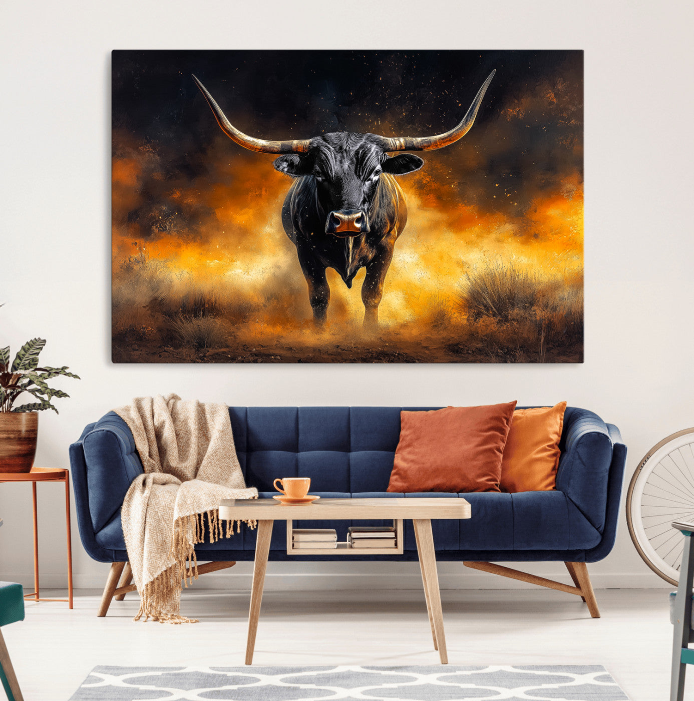 58293979-MGV-CV-36X24-Longhorn Canvas Wall Art Canvas Print – Framed Bold Bull Western Animal Dramatic Ranch Artwork for Home Office