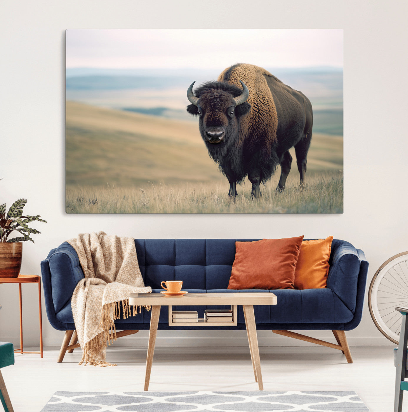 A bison standing strong on a grassy prairie with rolling hills in the background, perfect for rustic and Western-inspired wall decor.