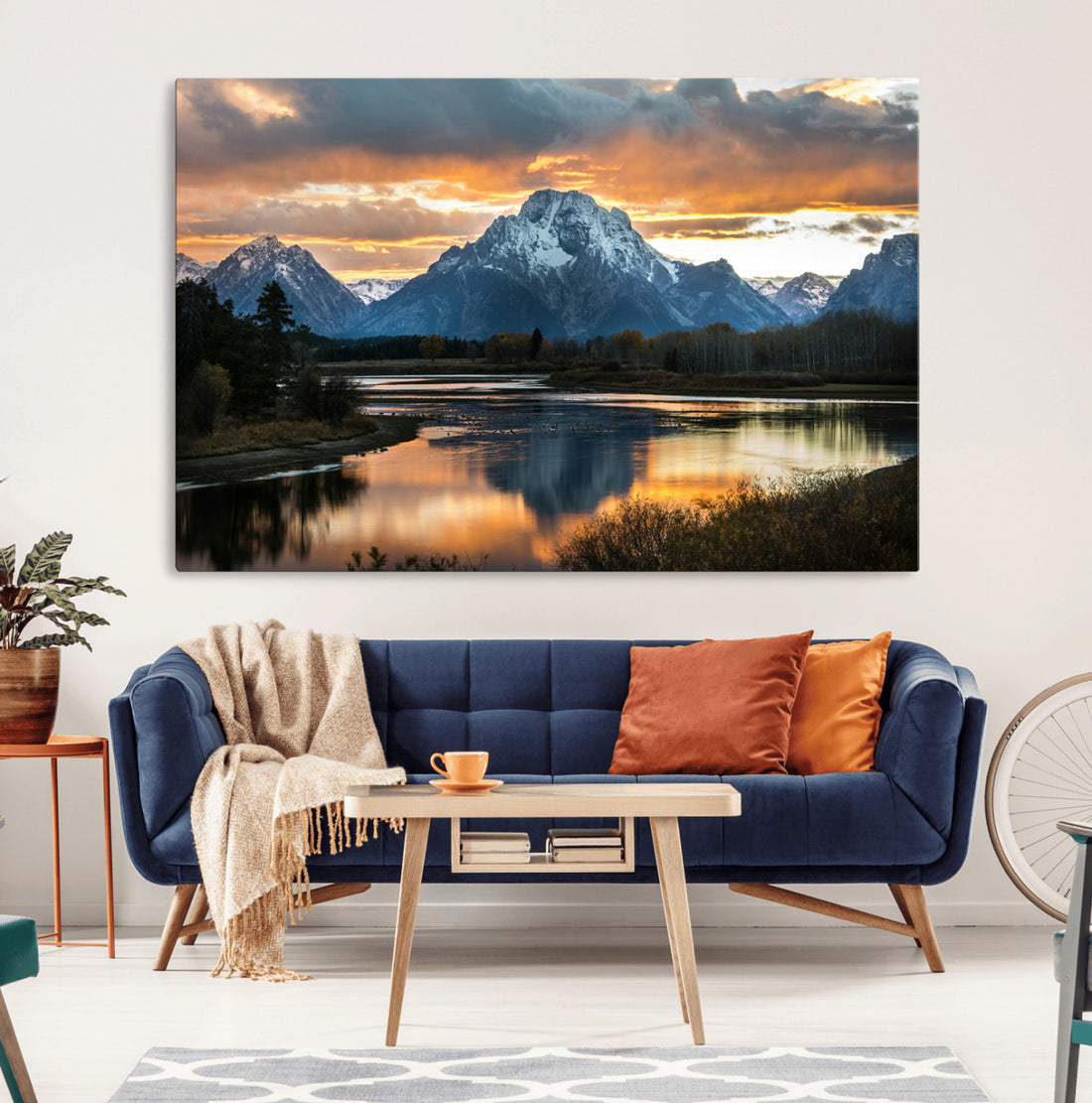 Mountain Sunset Wall Art Canvas Print, Framed Alpine Wilderness Art, Golden Hour Lake