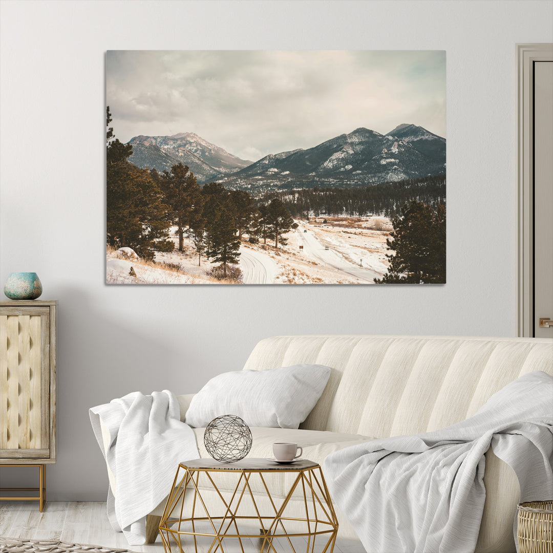 Mountain Landscape Wall Art Canvas Print, Framed Snowy Peaks Art Picture Print, Alpine Aesthetic Perfect Rustic Winter Decor Artwork