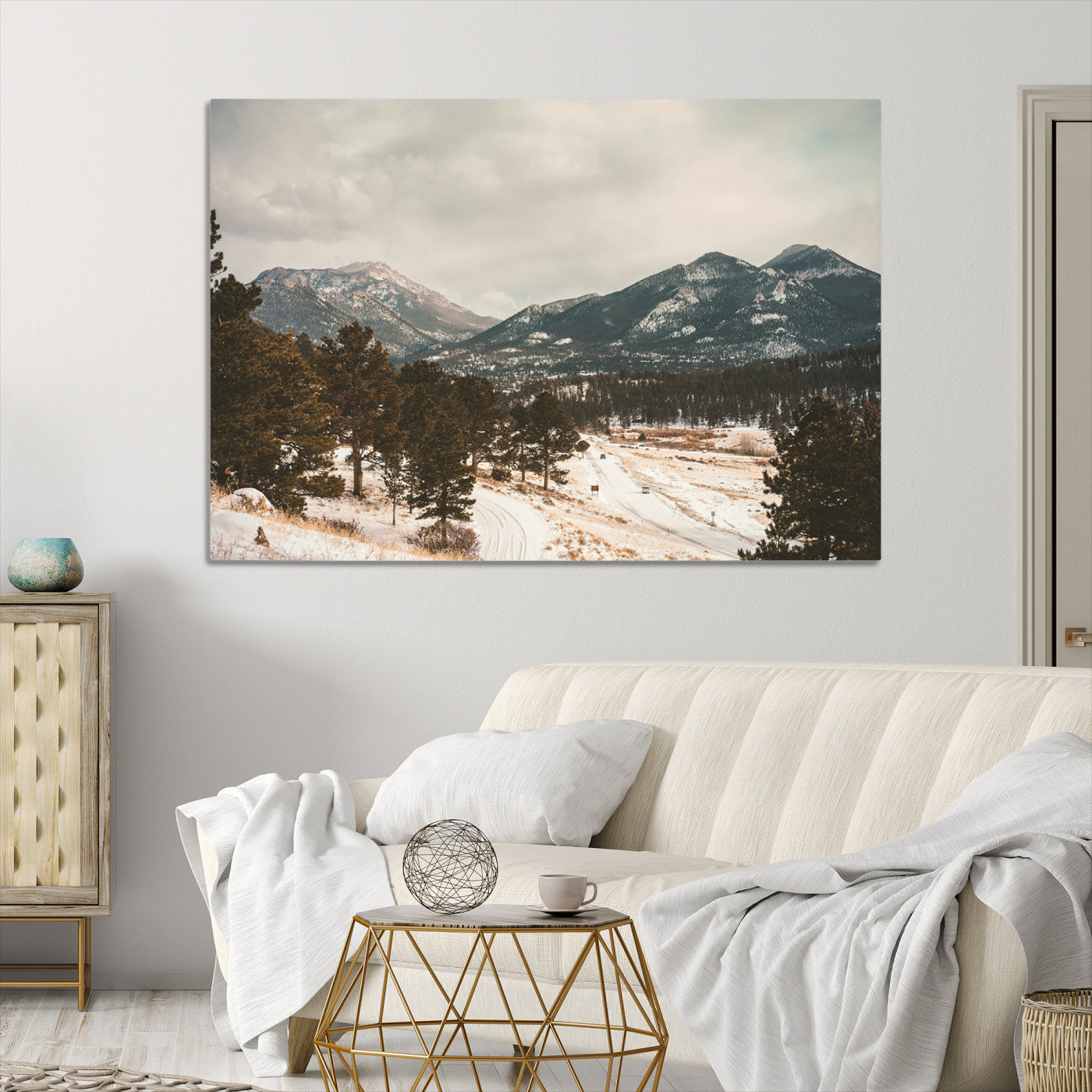 Mountain Landscape Wall Art Canvas Print, Framed Snowy Peaks Art Picture Print, Alpine Aesthetic Perfect Rustic Winter Decor Artwork