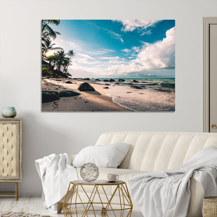 Tropical Beach Wall Art Canvas Print, Framed Ocean Waves Art Picture Print, Relaxing Seascape Perfect Tropical Coastal Decor Artwork