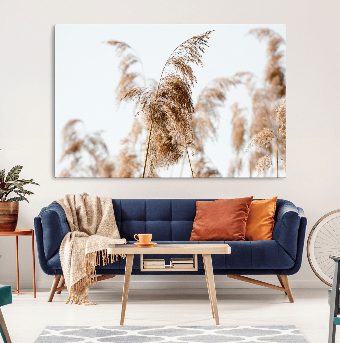 Close-up of pampas grass swaying in the wind against a soft white sky, creating a neutral and minimalist botanical aesthetic.