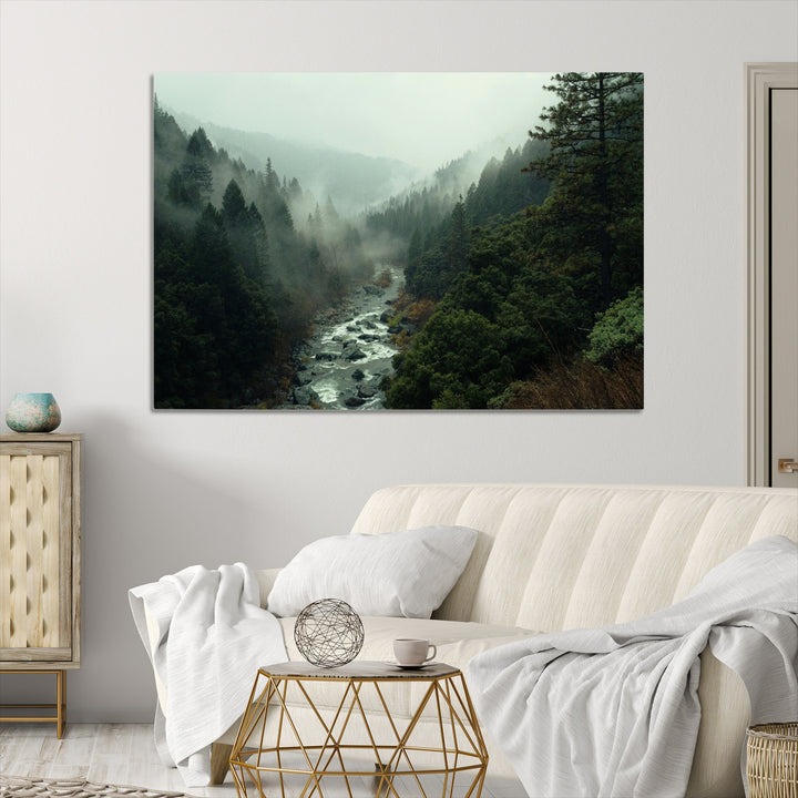 Misty Forest Wall Art Canvas Print, Framed Foggy River Art Picture Print, Moody Landscape Perfect Wilderness Decor Artwork