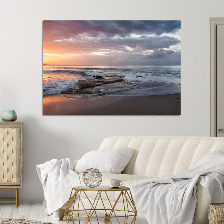 Golden Hour Wall Art Canvas Print, Framed Tranquil Waves Art Picture Print, Beach Perfect Coastal Serenity Decor Artwork